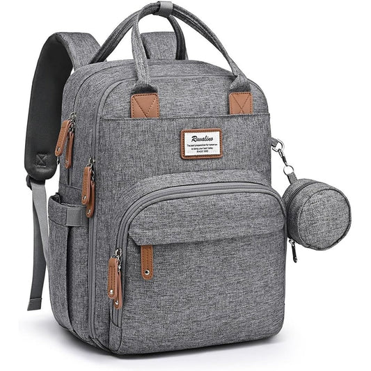 RUVALINO diaper bag backpack front view in elegant dark gray color showcasing premium waterproof fabric