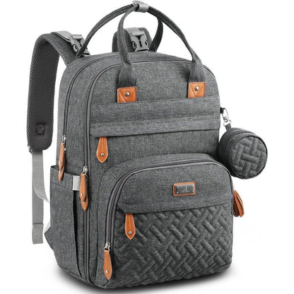 BabbleRoo diaper bag backpack dark gray front view showing main compartments and zipped pockets.