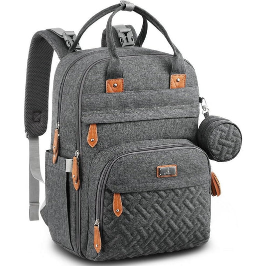 BabbleRoo diaper bag backpack dark gray front view showing main compartments and zipped pockets.