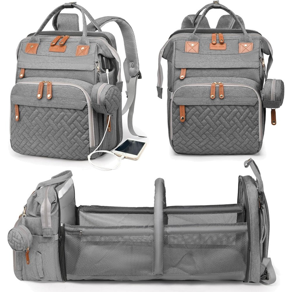 Astro Alan baby diaper bag backpack front view in grey color showing premium waterproof fabric.