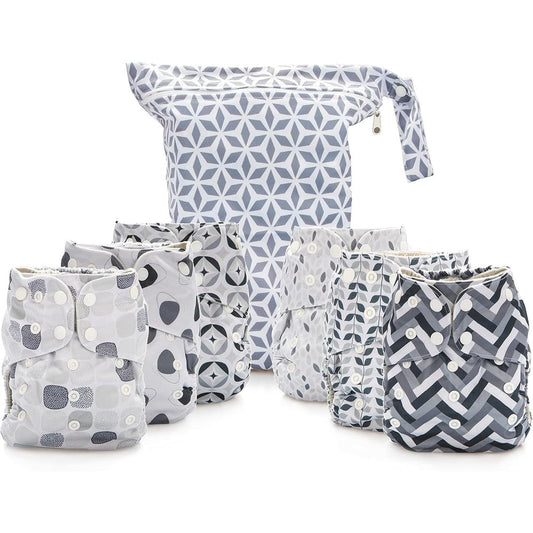 Simple Being reusable cloth diapers front view in grey patterns