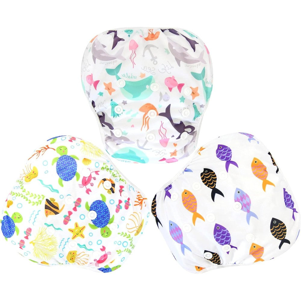Langsprit reusable swim diaper front view with sea animal prints