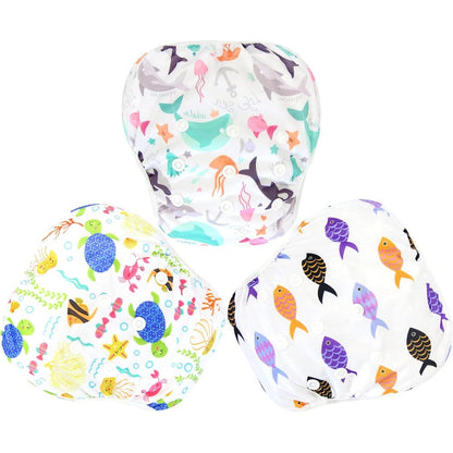 Langsprit 3 Pack Reusable Swim Diaper front view displaying sea animal prints for baby swimming lessons