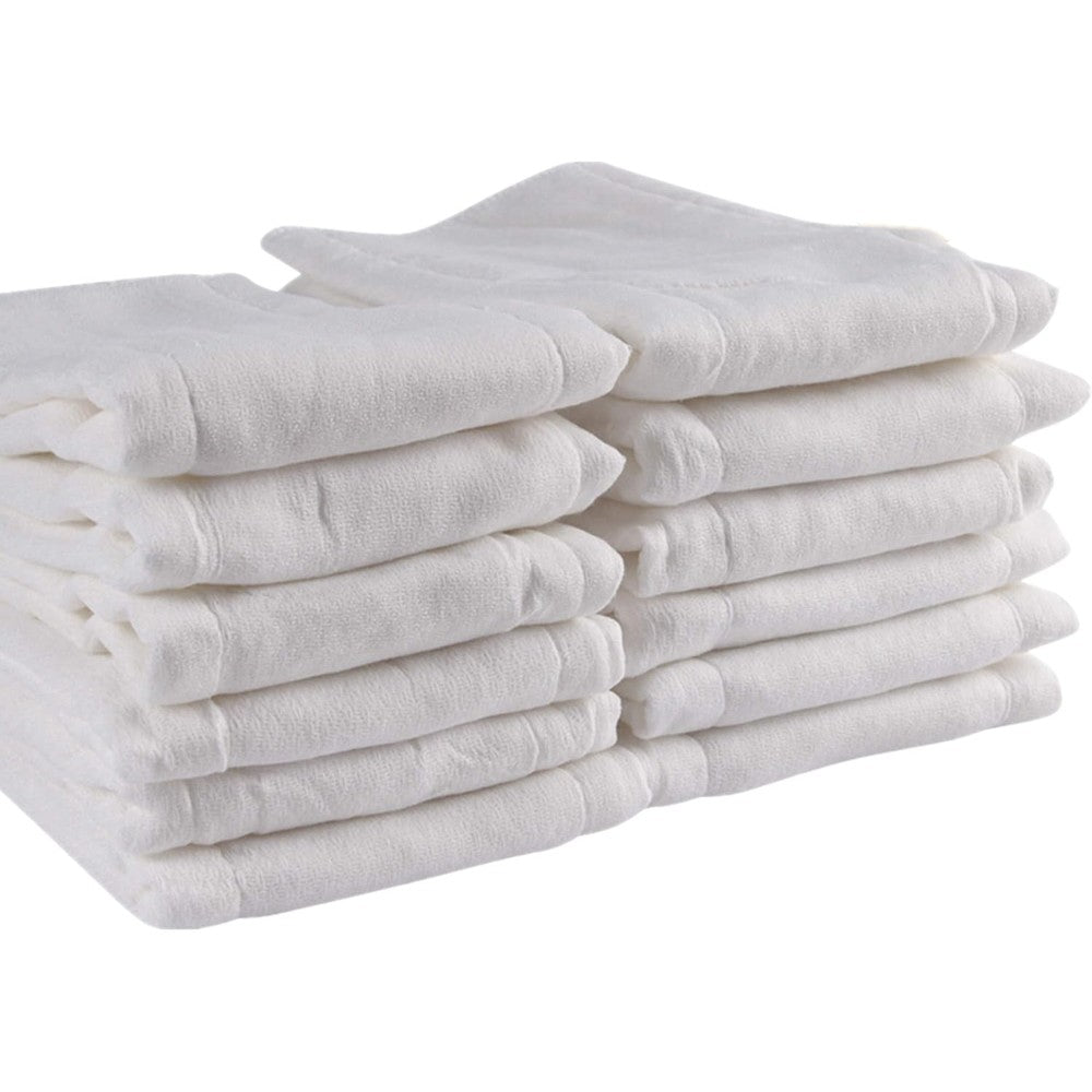 Fasoar prefold cloth diapers twelve pack front view showing premium white unbleached cotton texture.