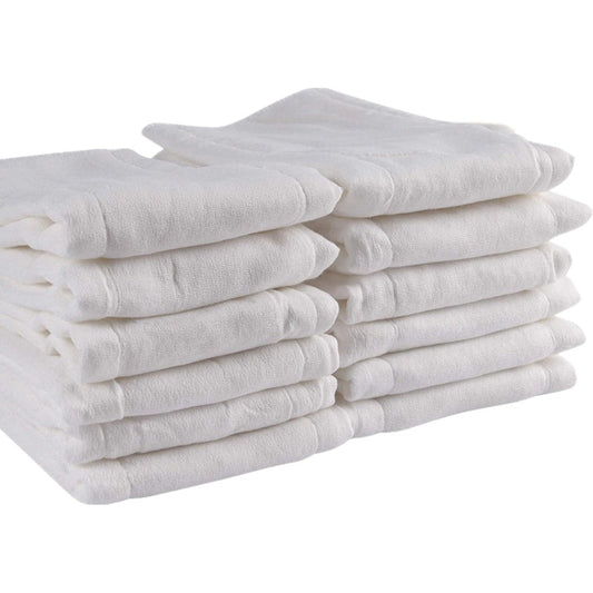Fasoar prefold cloth diapers twelve pack front view showing premium white unbleached cotton texture.