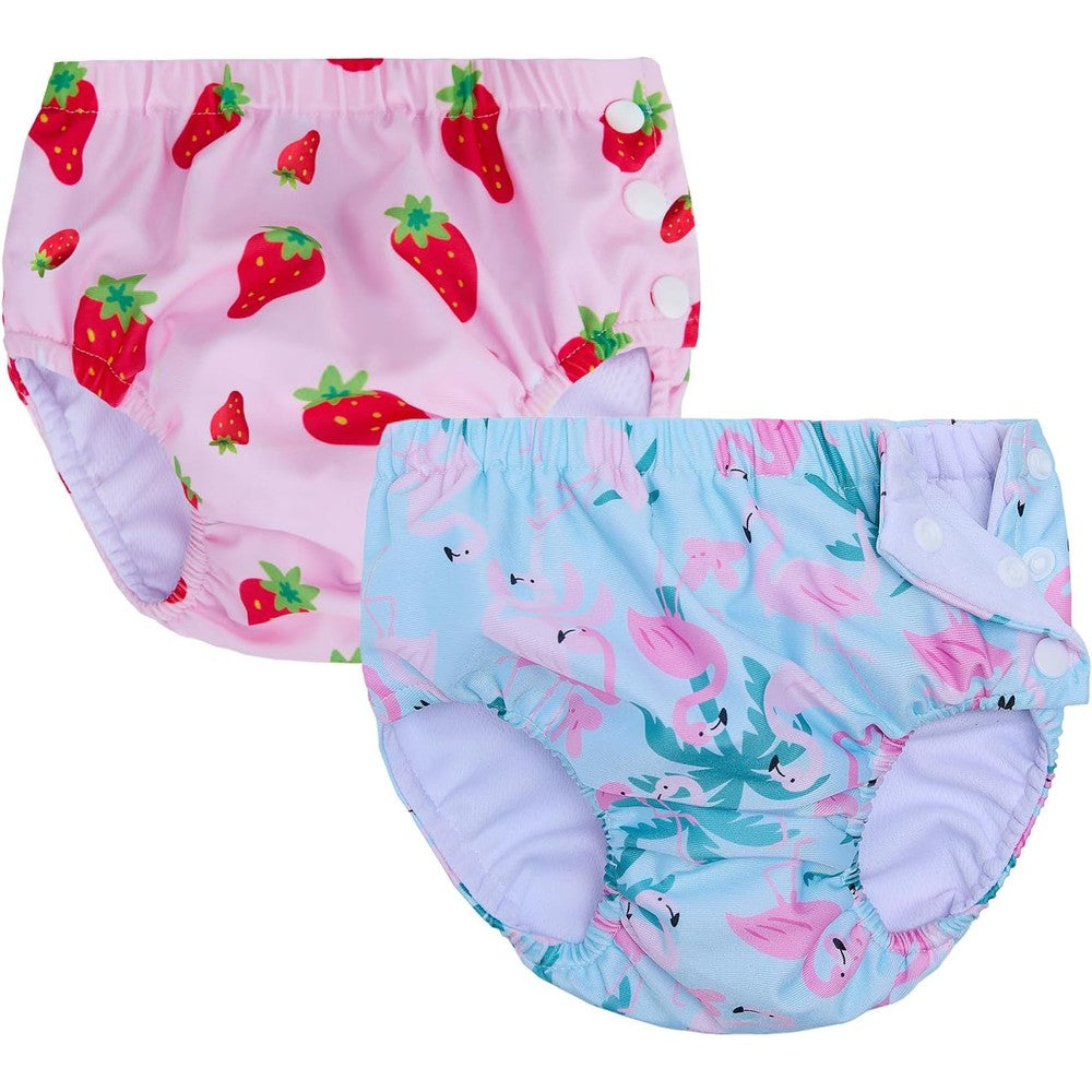 Guximiar 2 pack reusable baby swim diapers front view with strawberry print