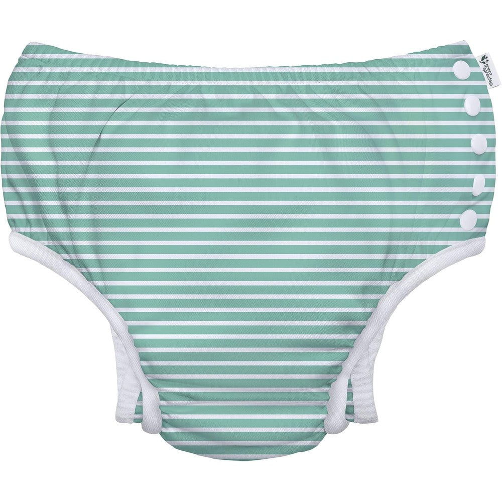 Green Sprouts Eco Snap Swim Diaper front view mint stripes toddler swimwear