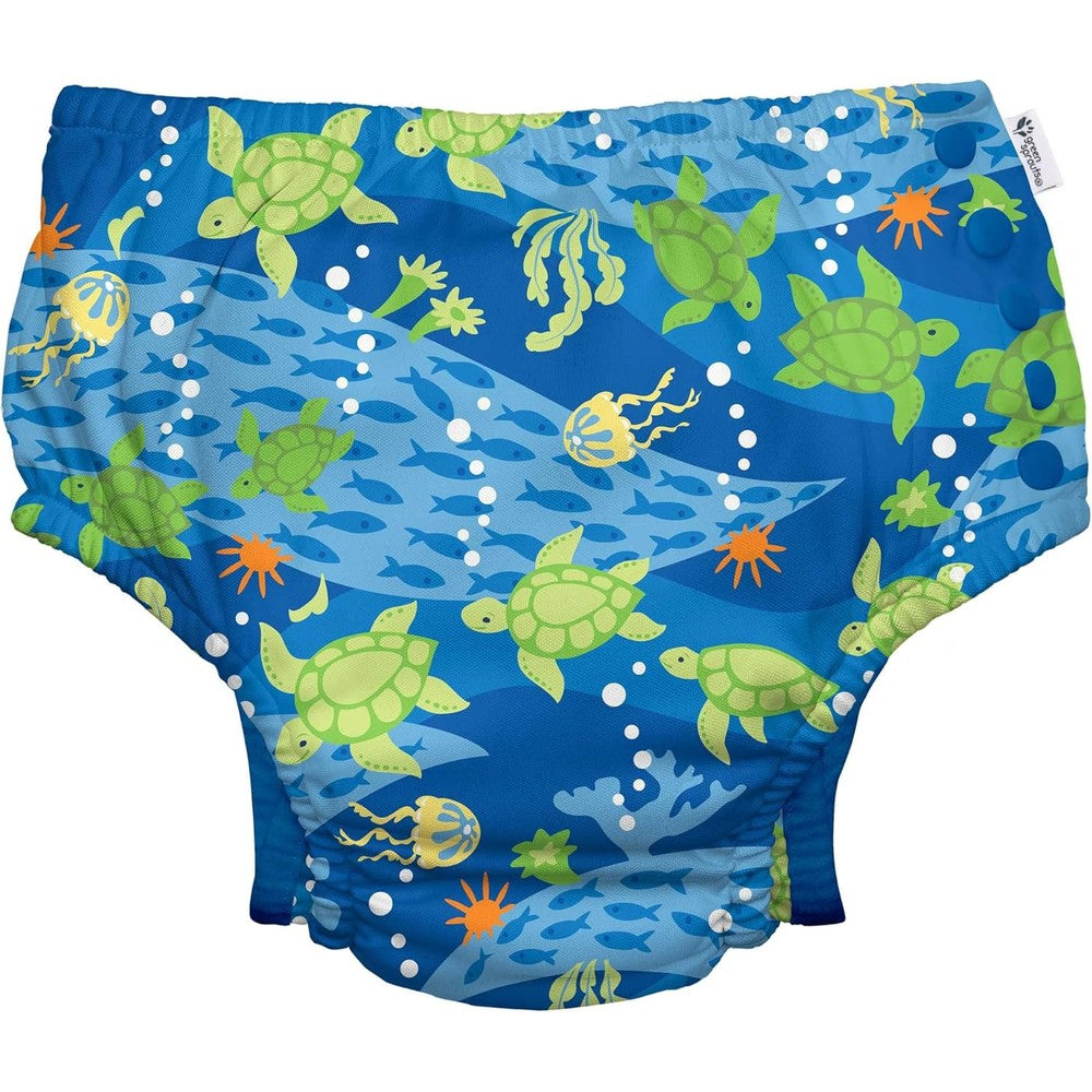 Green Sprouts Snap Reusable Absorbent Swimsuit Diaper front view in light pink pinstripe pattern