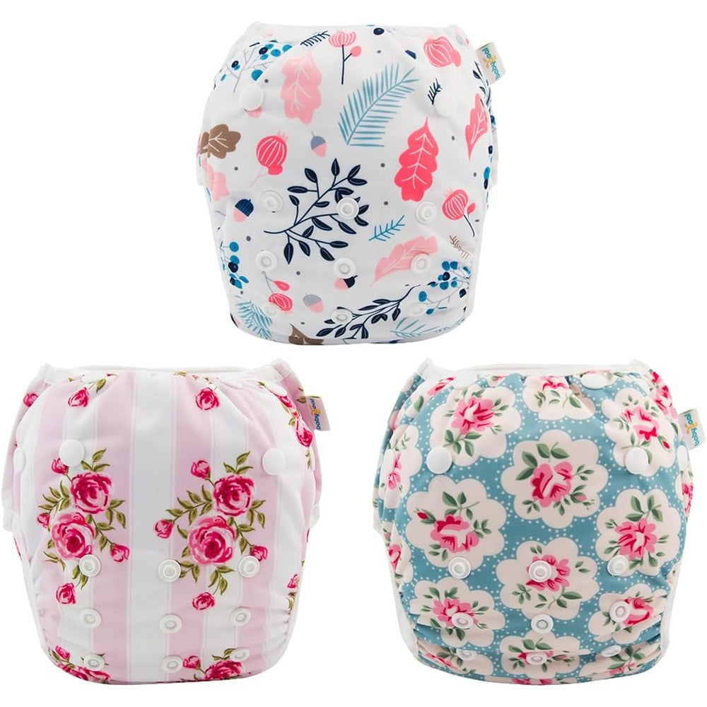 Babygoal reusable baby girl swim diapers three pack front view flower design