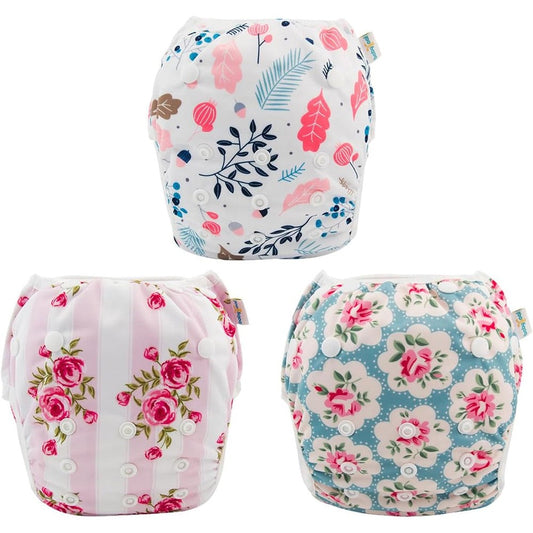 Babygoal reusable baby girl swim diapers three pack front view flower design
