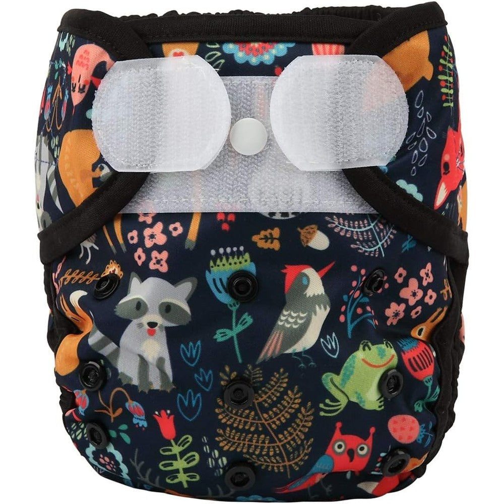 Sigzagor baby cloth diaper cover with owl frog floral pattern and hook and loop fasteners.