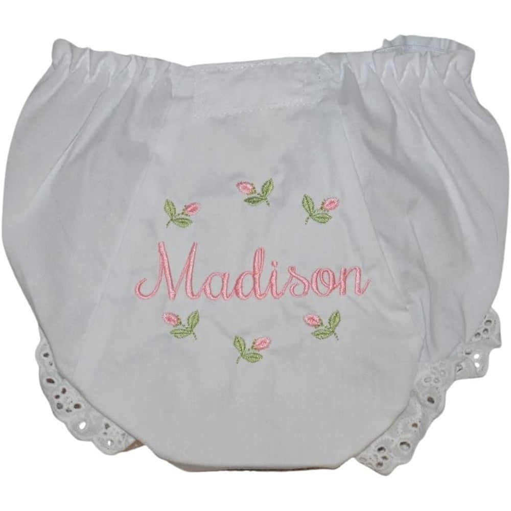 Handmade personalized rosebud baby bloomers with custom name embroidery front view