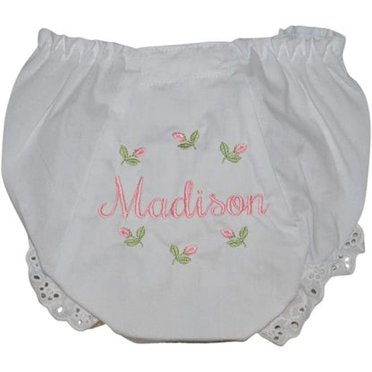 Handmade personalized rosebud baby bloomers with custom name embroidery front view
