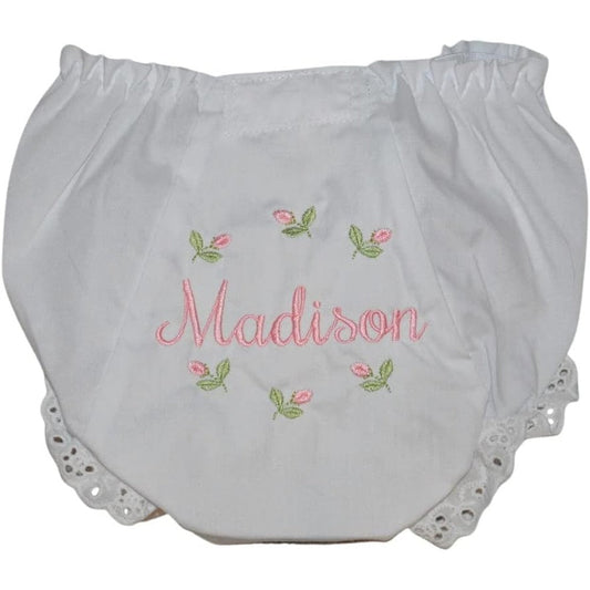 Handmade personalized rosebud baby bloomers with custom name embroidery front view
