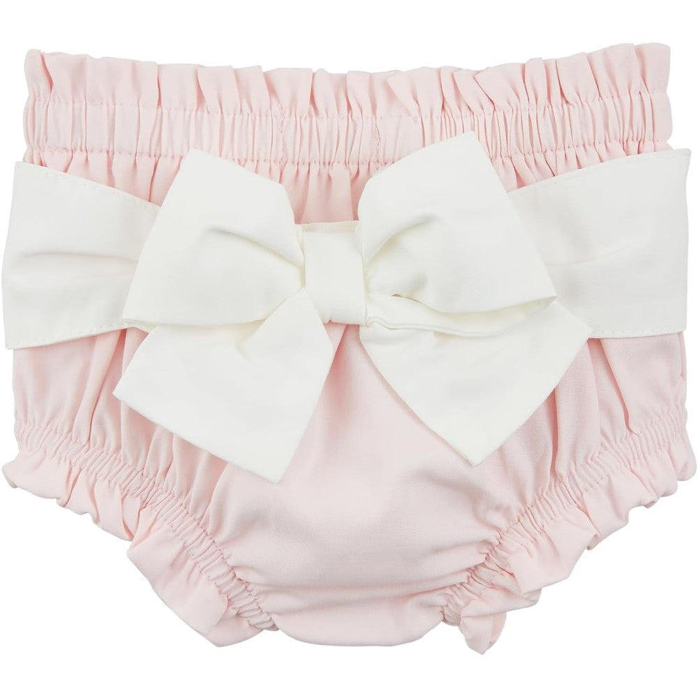 Mud Pie baby girls white diaper cover with contrast bow front view