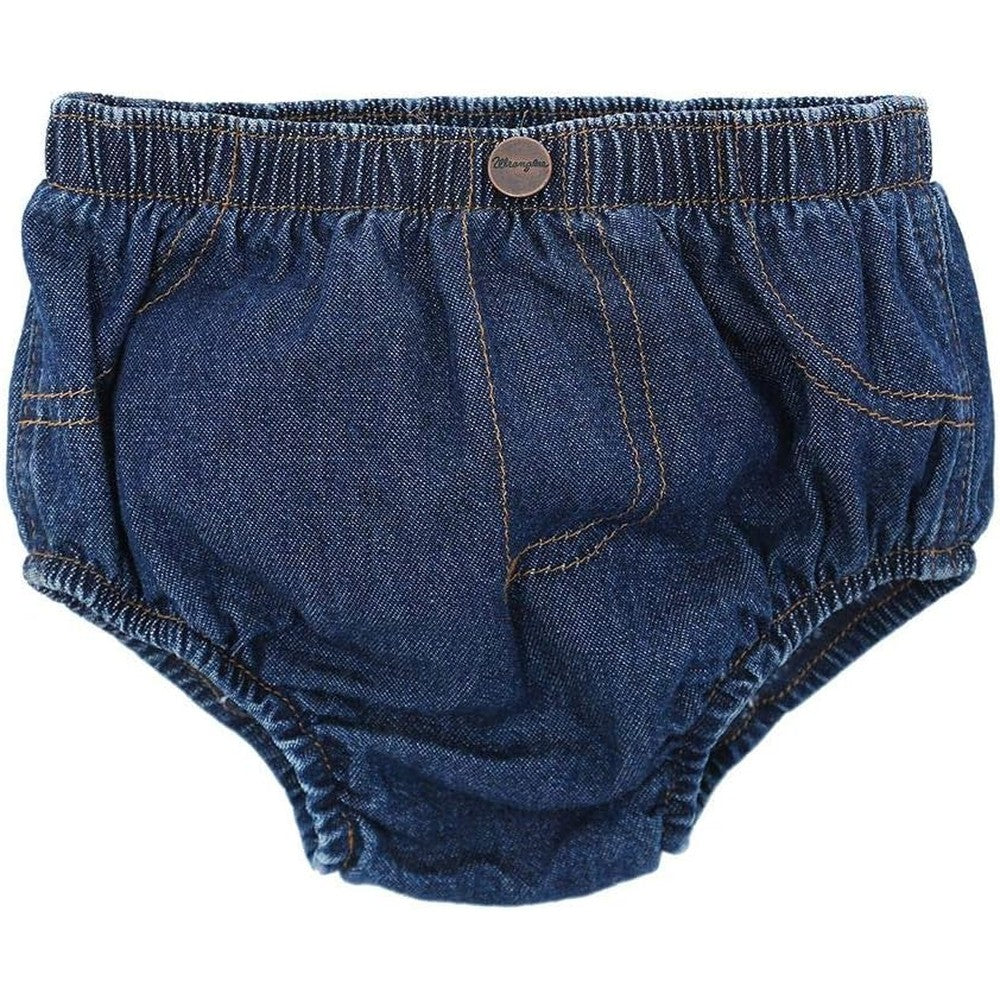 Wrangler infant diaper cover front view in washed indigo denim