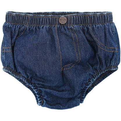 Wrangler infant diaper cover front view in washed indigo denim