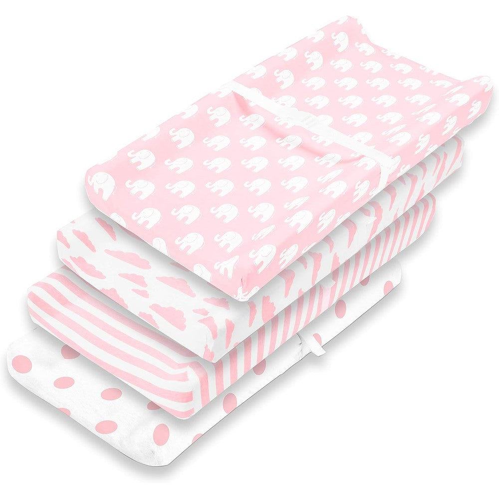 BaeBae Goods premium baby girl changing pad cover four pack front view showing pink elephant pattern