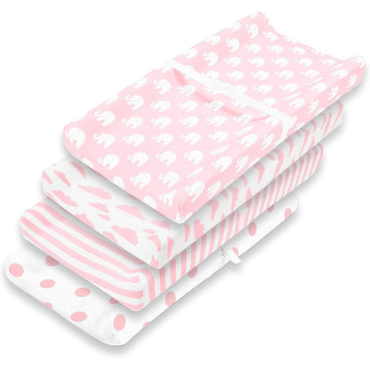 BaeBae Goods premium baby girl changing pad cover four pack front view showing pink elephant pattern