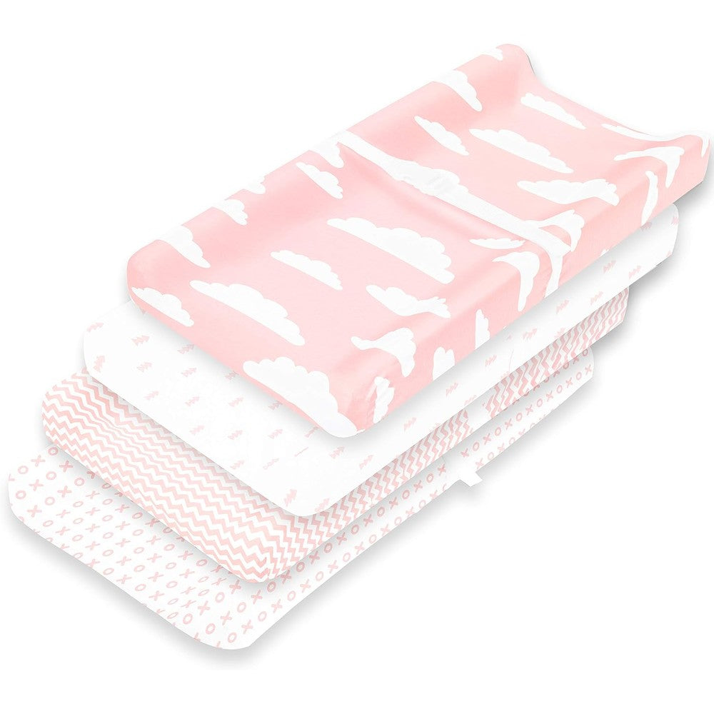 BaeBae Goods premium baby changing pad covers girl four pack front view of packaged product.