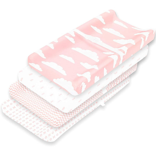 BaeBae Goods premium baby changing pad covers girl four pack front view of packaged product.