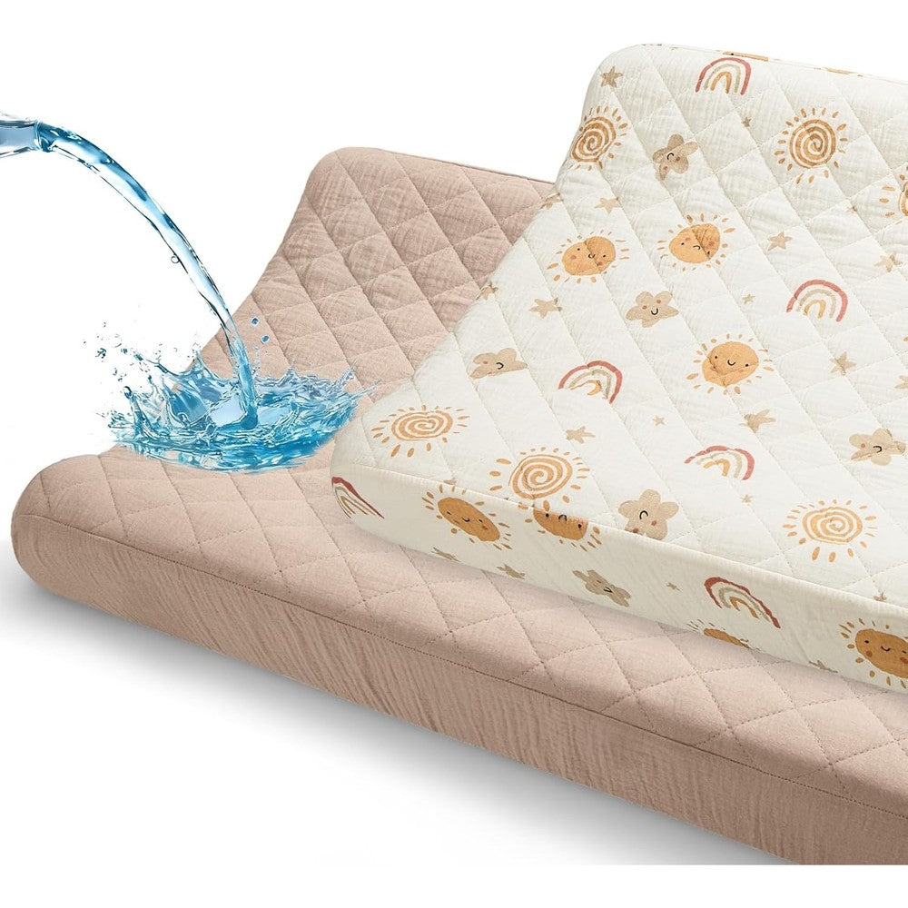Unicorn Castle waterproof muslin changing pad cover front view showing brown rainbow pattern