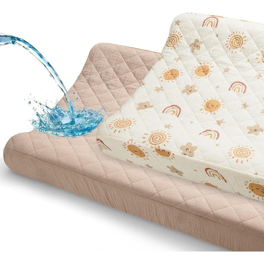 Unicorn Castle waterproof muslin changing pad cover front view showing brown rainbow pattern