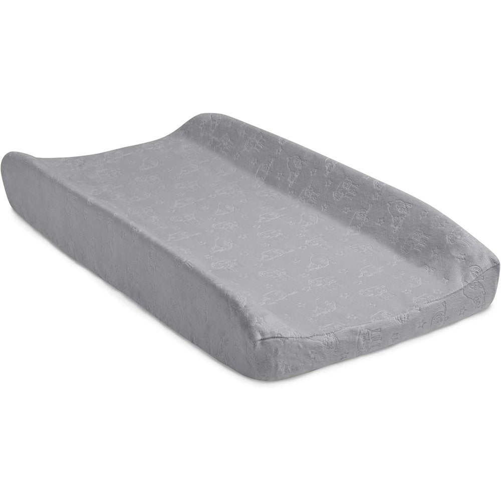Delta Children Serta Perfect Sleeper contoured changing pad front view in grey plush fabric.