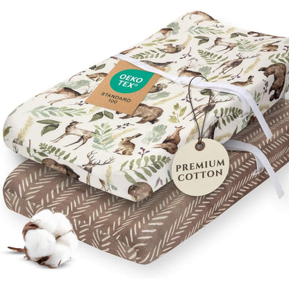 Pobibaby premium changing pad cover two pack wildlife front view displaying woodland pattern