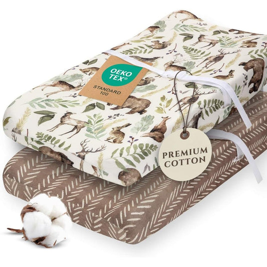 Pobibaby premium changing pad cover two pack wildlife front view displaying woodland pattern