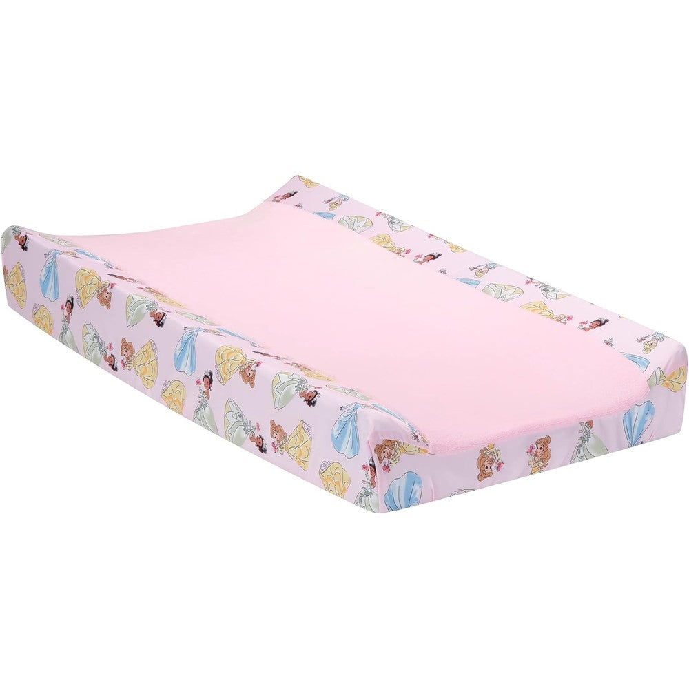 Lambs and Ivy Disney Princesses Changing Pad Cover front view showing the plush pink fleece center panel.