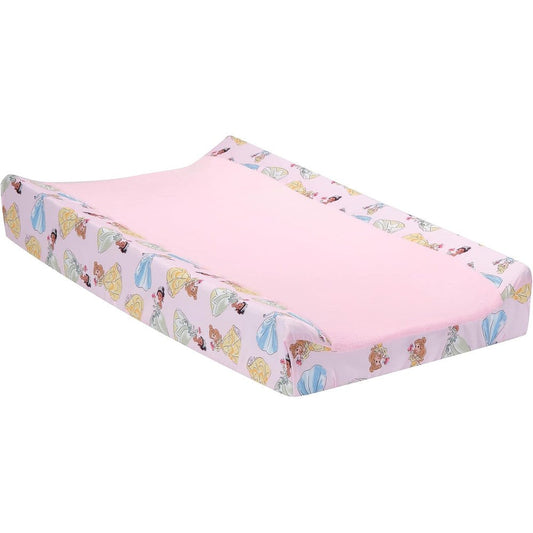 Lambs and Ivy Disney Princesses Changing Pad Cover front view showing the plush pink fleece center panel.
