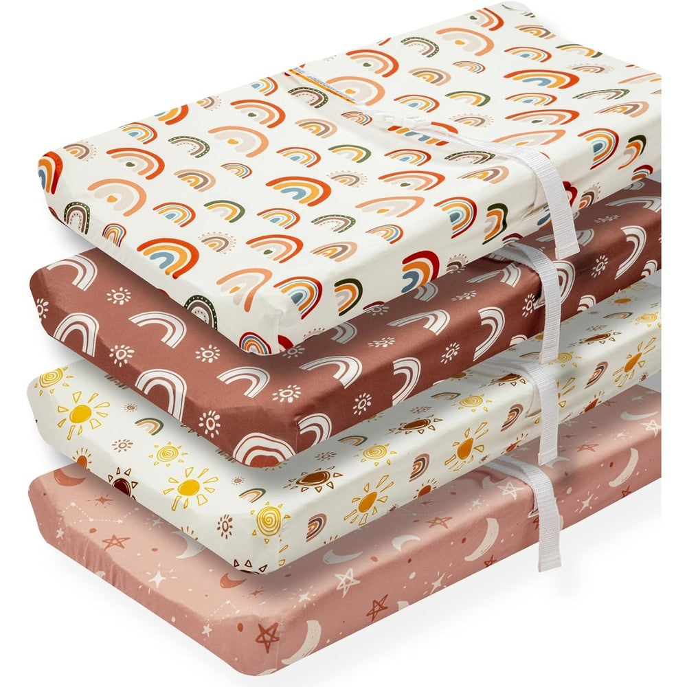 Jola's House boho nursery sheets front view of the four pack changing pad covers packaging.