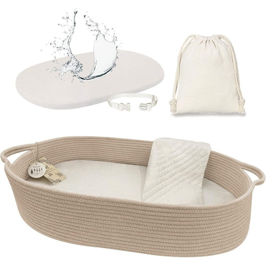 Meloom baby changing basket front view handwoven cotton boho moses basket