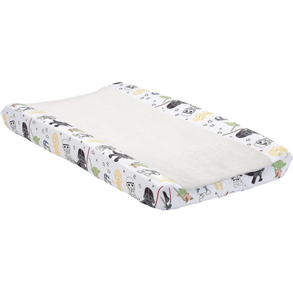 Lambs And Ivy Star Wars Classic Changing Pad Cover front view showing gray fleece center and character side panels