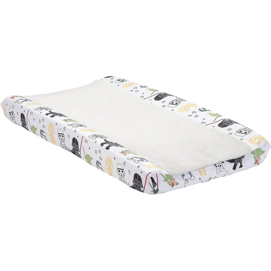 Lambs And Ivy Star Wars Classic Changing Pad Cover front view showing gray fleece center and character side panels