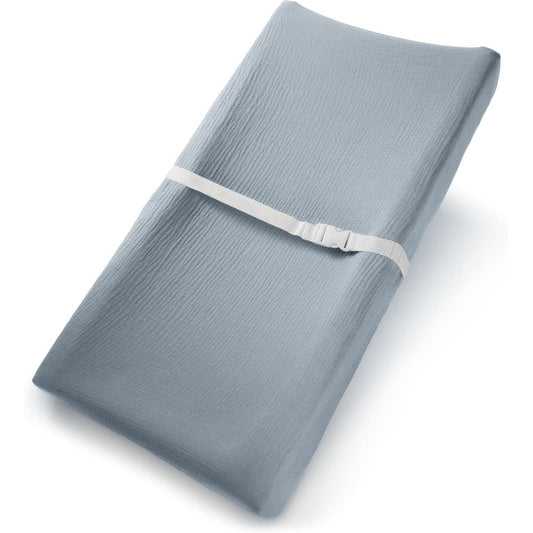 Comfy Cubs Muslin Fitted Changing Pad Cover front view in Pacific Blue color.