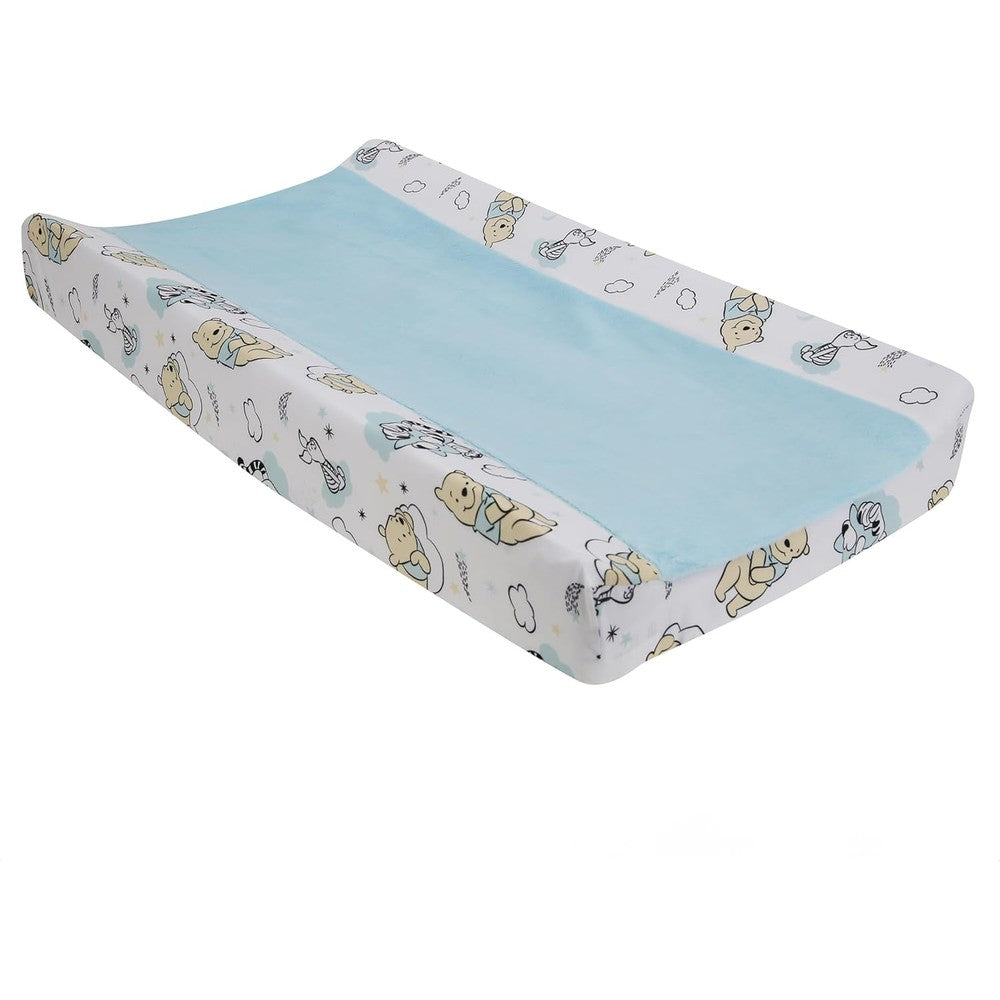 Lambs & Ivy Disney Baby Winnie the Pooh Hugs changing pad cover front view showing blue minky center.