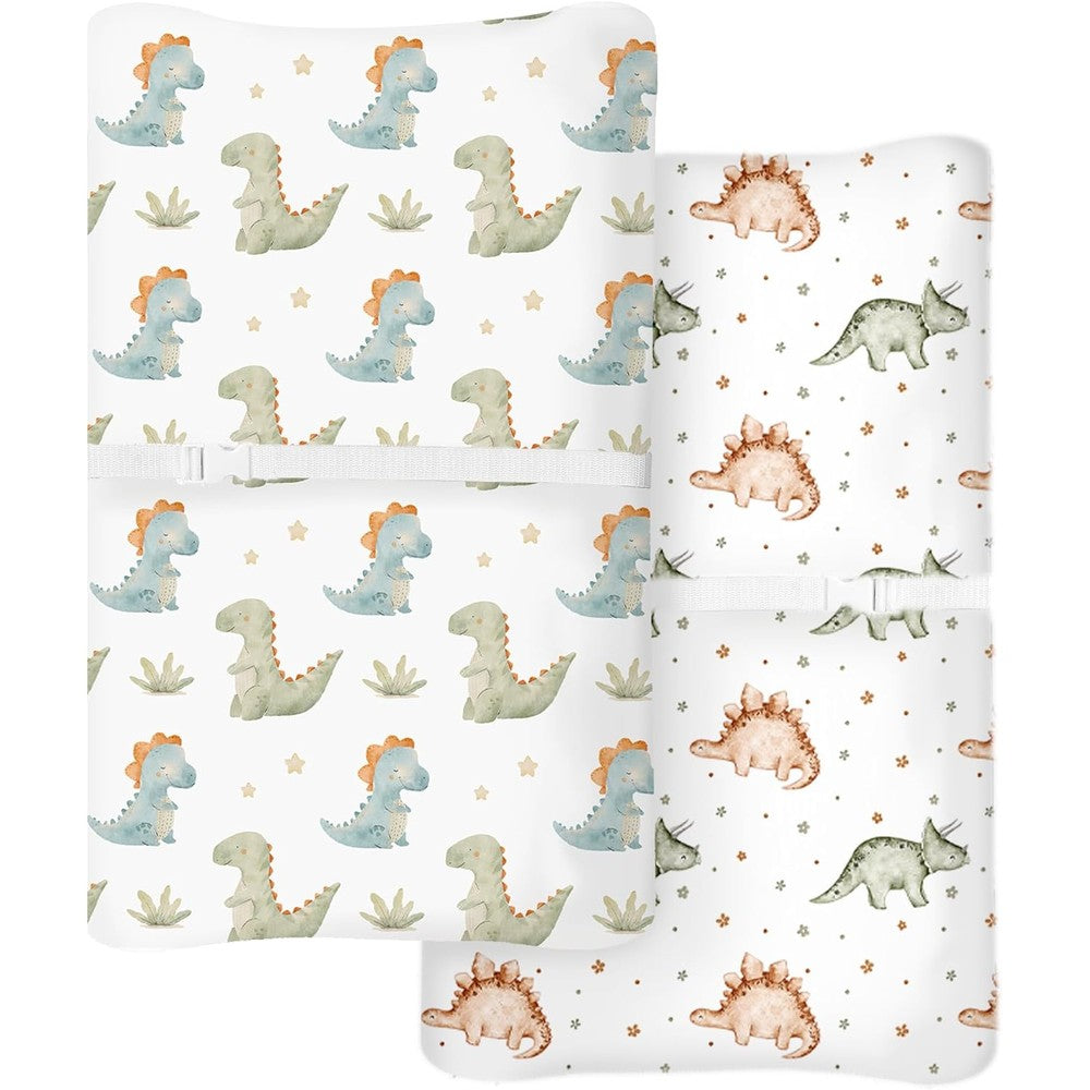 My Little Zone changing pad cover front view showing watercolor dinosaur print on a standard nursery changing table pad.