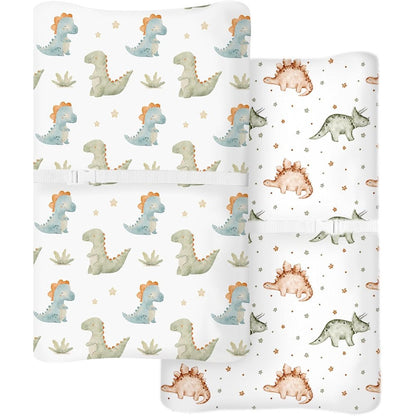 My Little Zone changing pad cover front view showing watercolor dinosaur print on a standard nursery changing table pad.