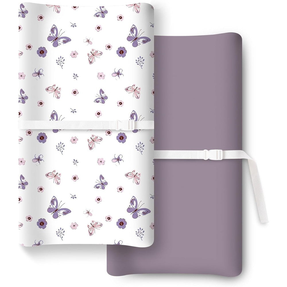 TotChill Extra Stretchy Changing Pad Cover front view showing Purple Flutter pattern on a standard changing table.