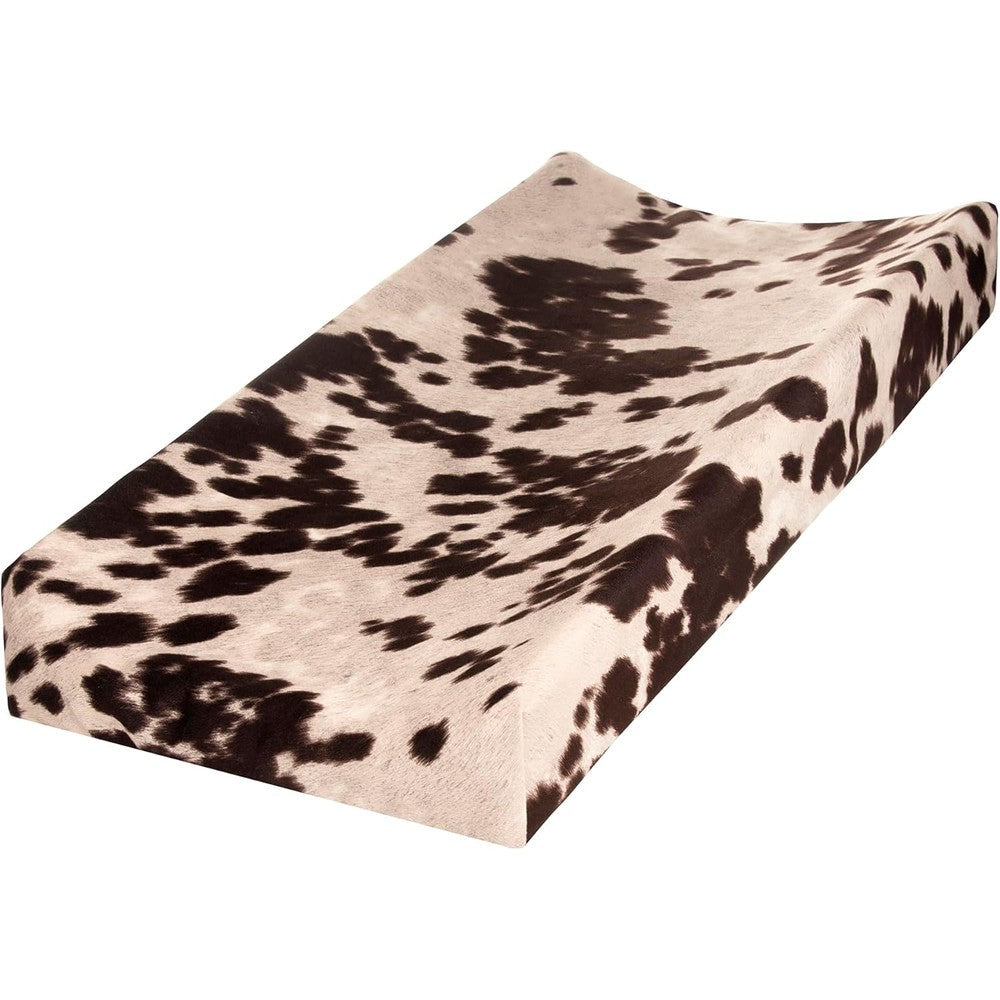 Sweet Potatoes Western Cowboy Changing Pad Cover front view featuring brown cowhide print premium cotton nursery bedding.