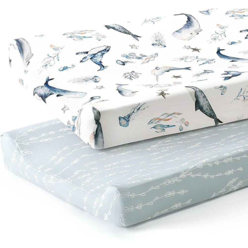 GRSSDER jersey knit changing pad cover set packaging front view featuring watercolor sea fish print.