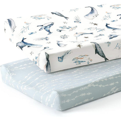 GRSSDER jersey knit changing pad cover set packaging front view featuring watercolor sea fish print.
