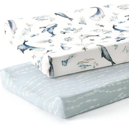 GRSSDER jersey knit changing pad cover set packaging front view featuring watercolor sea fish print.