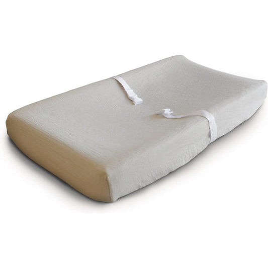 Mushie Extra Soft Muslin Fitted Changing Pad Cover Fog front view premium baby nursery gear