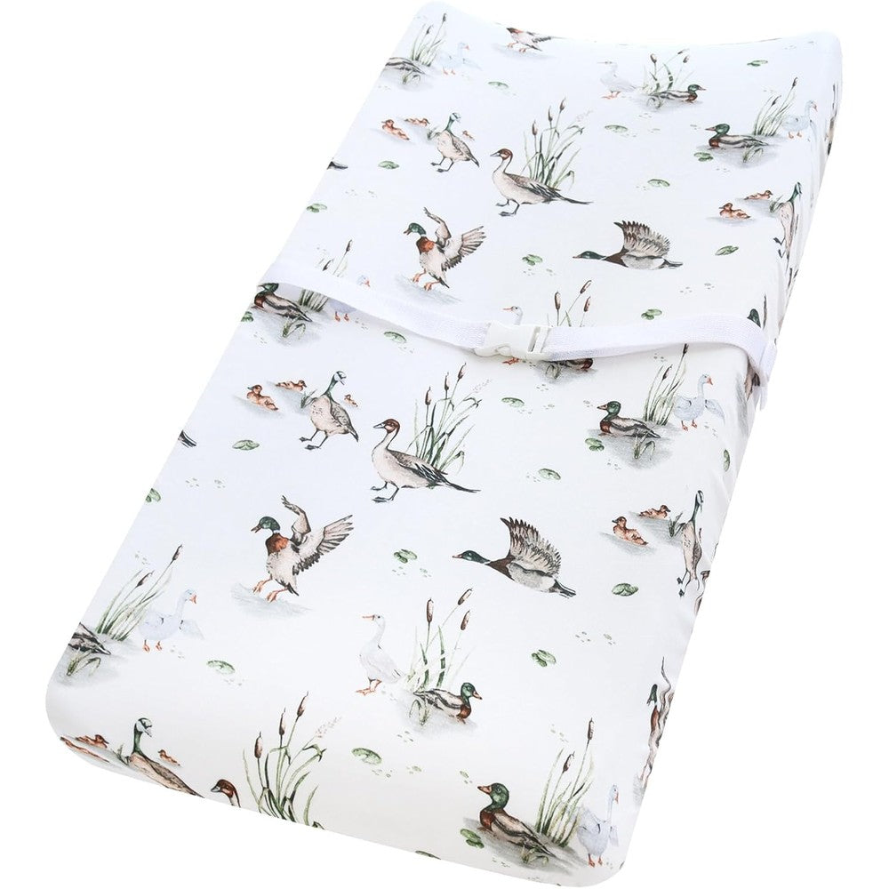 LifeTree Muslin Changing Pad Cover front view showcasing the soft white fabric and detailed mallard duck pattern.