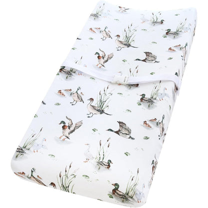 LifeTree Muslin Changing Pad Cover front view showcasing the soft white fabric and detailed mallard duck pattern.