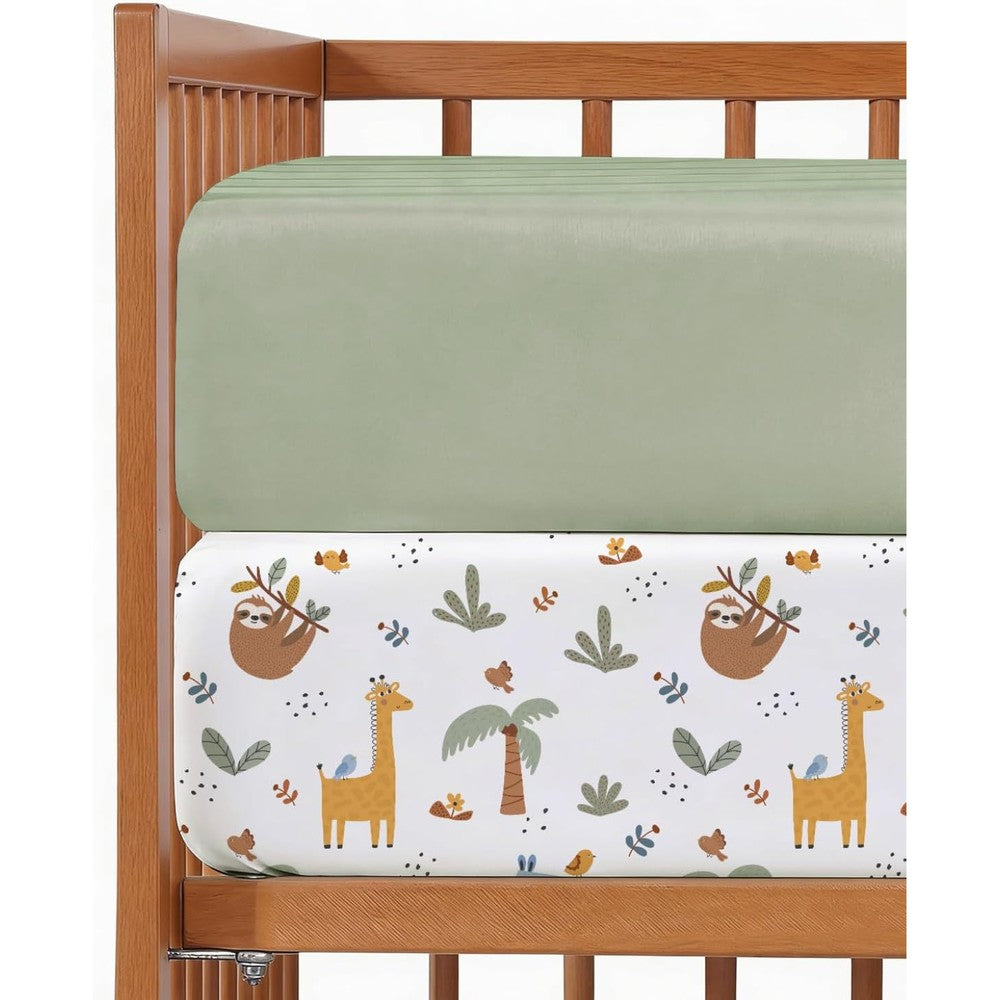 CGK Unlimited baby crib sheets front view showing pack of two safari print bedding