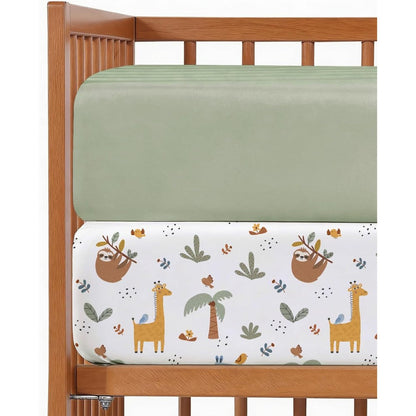 CGK Unlimited baby crib sheets front view showing pack of two safari print bedding